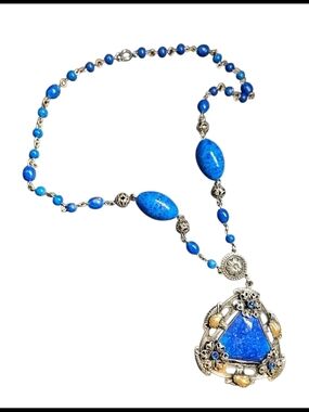 Antique Neiger Brothers ART DECO CZECH Blue Glass Lapis Lazuli Filigree Necklace